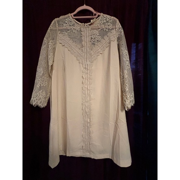 entro Dresses & Skirts - Entro Cream Beige Lace Yoke Long Sleeve Shift Dress D12717 Womens Large NEW